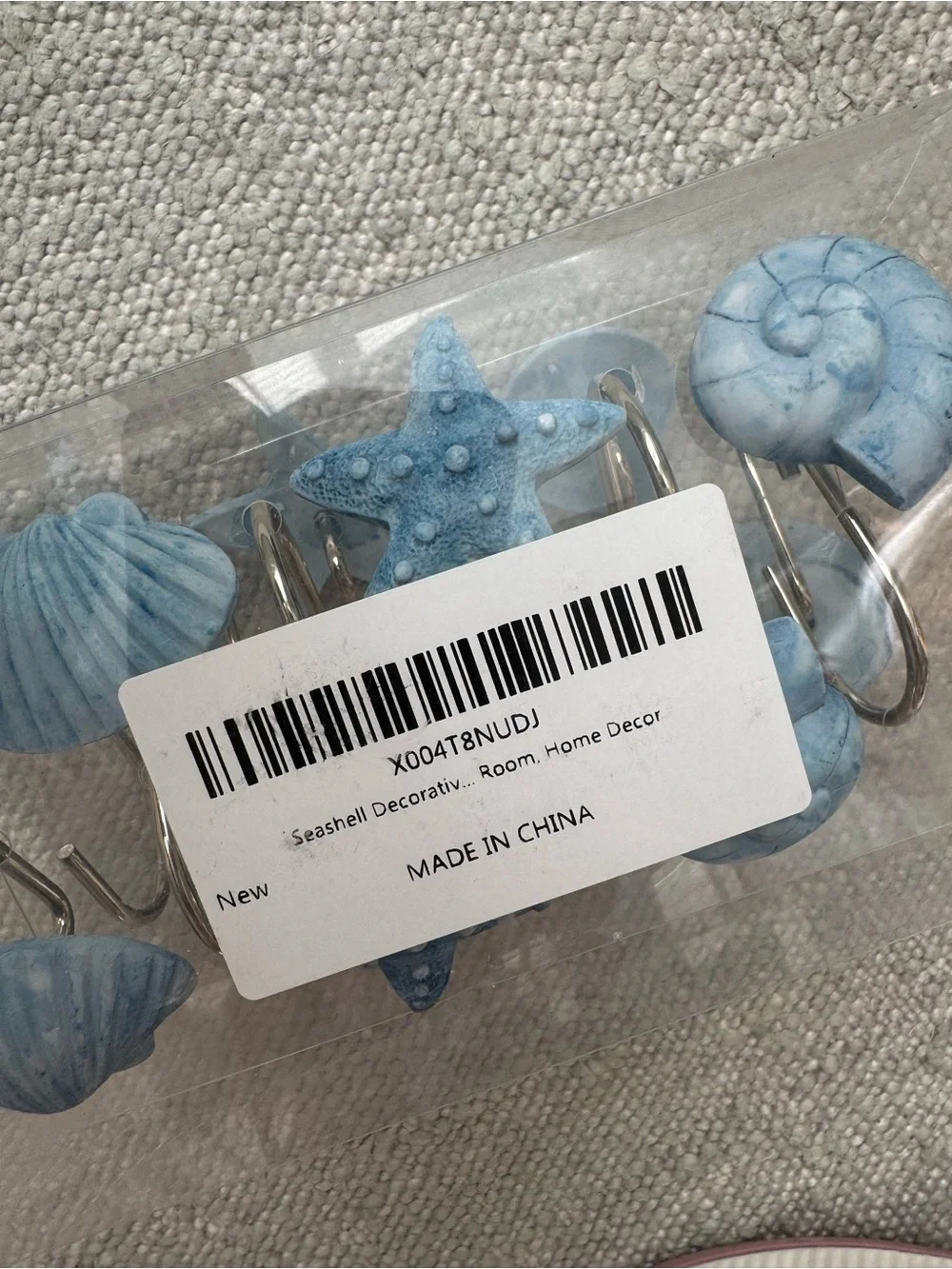 Set of 12 Light Blue Nautical Shower Curtain Hooks - Shell, Starfish, Conch